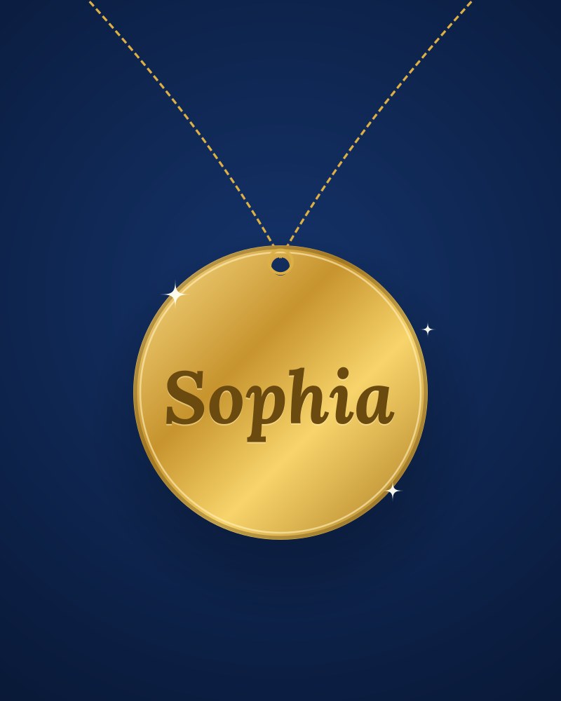A polished gold pendant engraved with the name Sophia