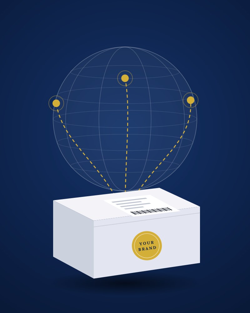 A branded mailer box with a shipping label in front of a globe with delivery routes